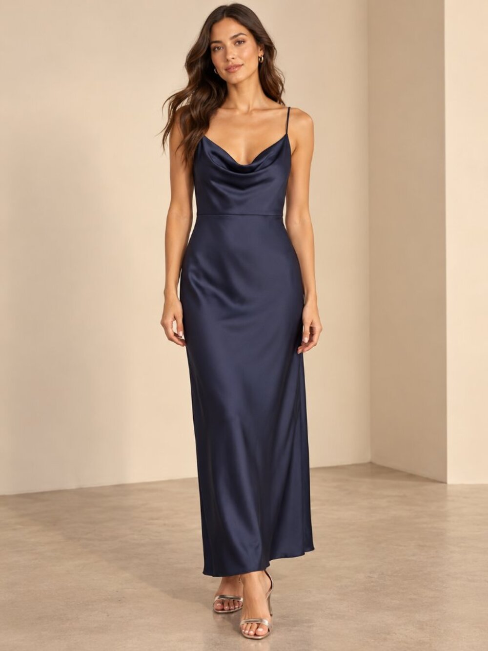 NWT Taylor Navy Satin Cowl Neck Slip Maxi Dress Size 10